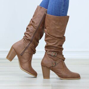 Brown Knee High Boots Buckle Strap Side Zip Chunky Heel Slouch Shaft